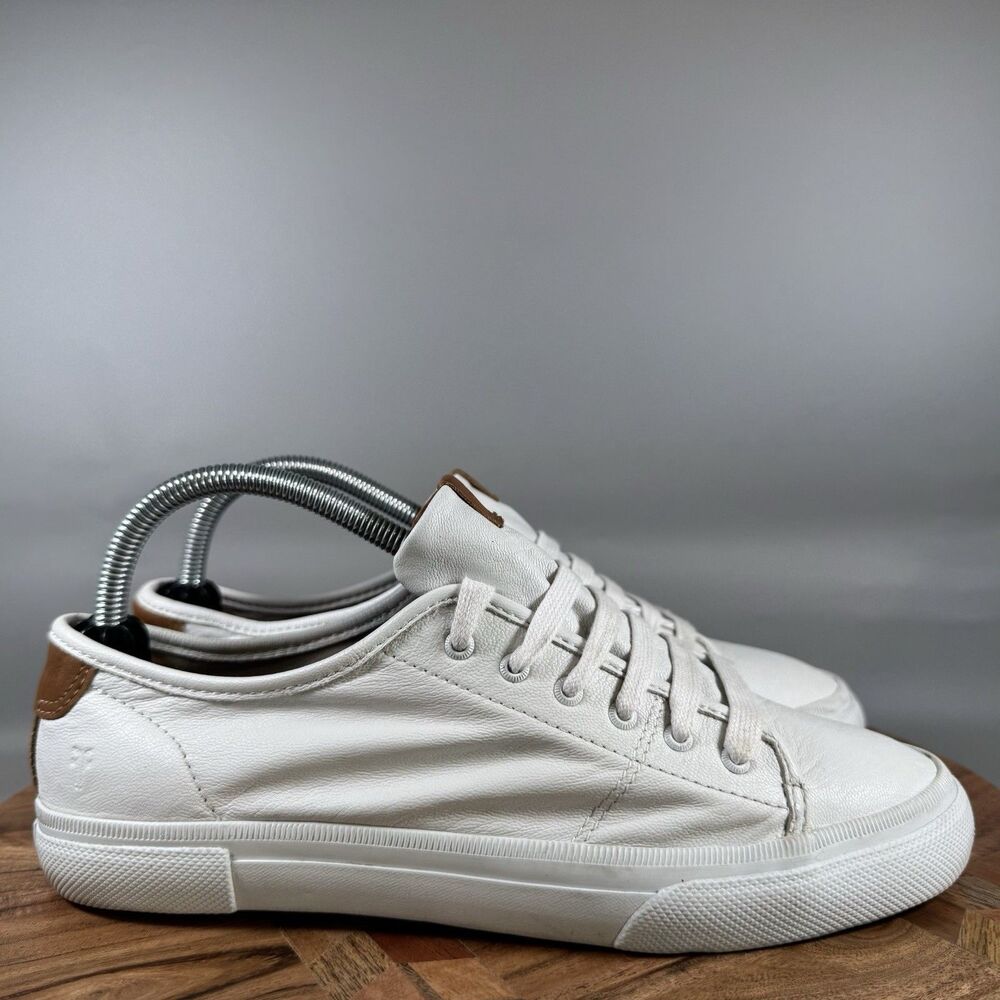 Frye White Leather Low-Top Sneakers with Tan Accents